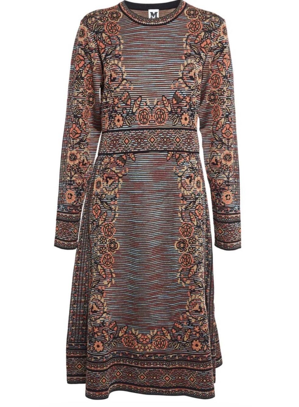 M Missoni Floral Pattern Knit Long Sleeve Midi Dress Sz 46 / L